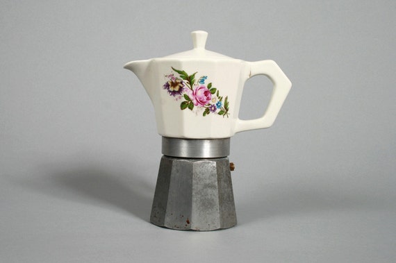 Vintage Ceramic Granny Print Stove Top Espresso Coffee Maker.