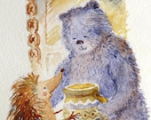 Hedgehog bear & honey pot nursery art watercolor