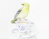 Tea Bird watercolor, yellow goldfinch, blue delft cup, nursery or kitchen fine art print