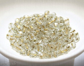 Crystal Clear Czech Fire Polished Bead 6mm (35) Polish Faceted Metallic Gold