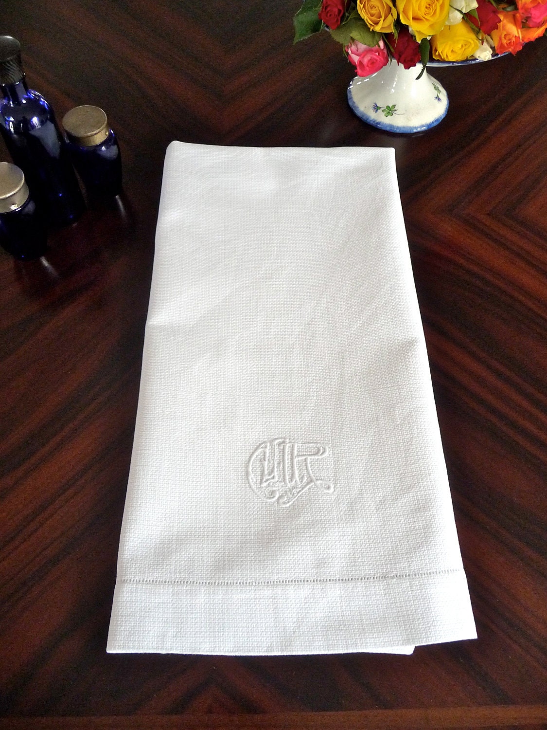 Monogrammed French linen towel huckaback weave torchon