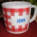 Vintage Westfield Milk Glass Coffee Cup with Red White Checked Pattern and the name John