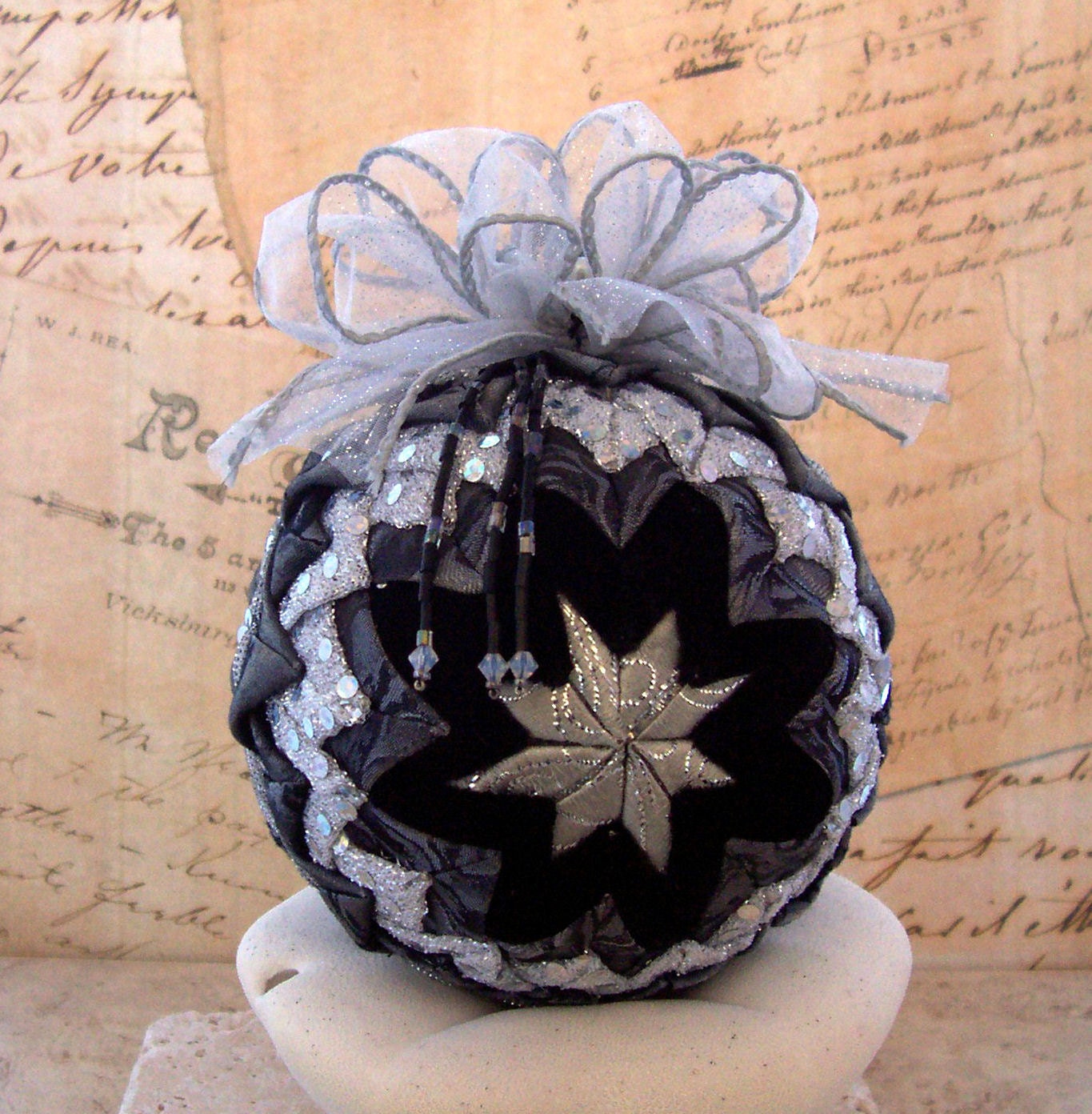 Victorian Ornament Folded Fabric Black Velvet Silver Christmas