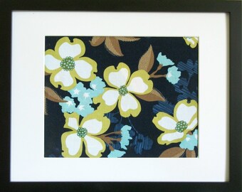 Fabric Canvas Wall Art floral flowers Dogwood blooms in navy blue handmade