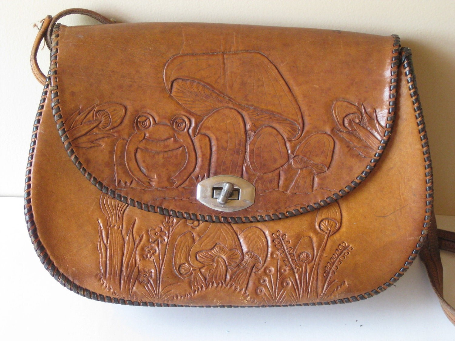 Tooled Leather Shoulder Bag Purse bag Vintage frog mushroom