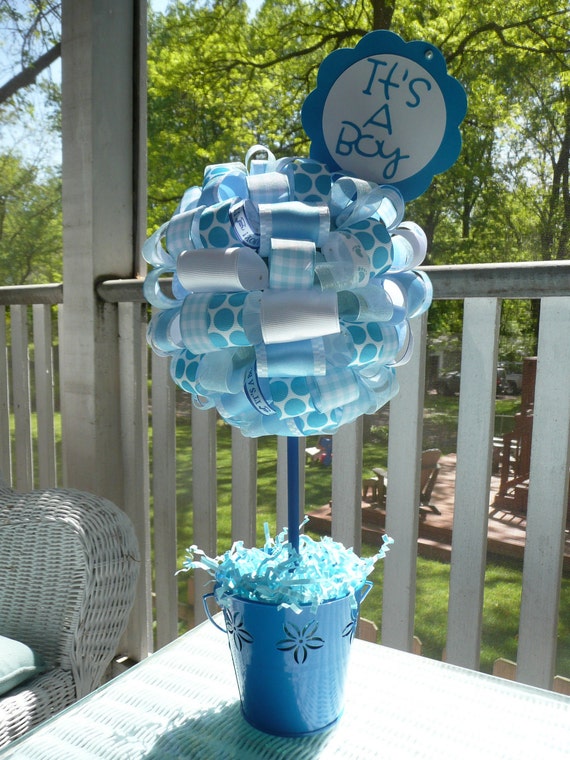It's a Boy Baby Blue and White Ribbon Centerpiece Topiary