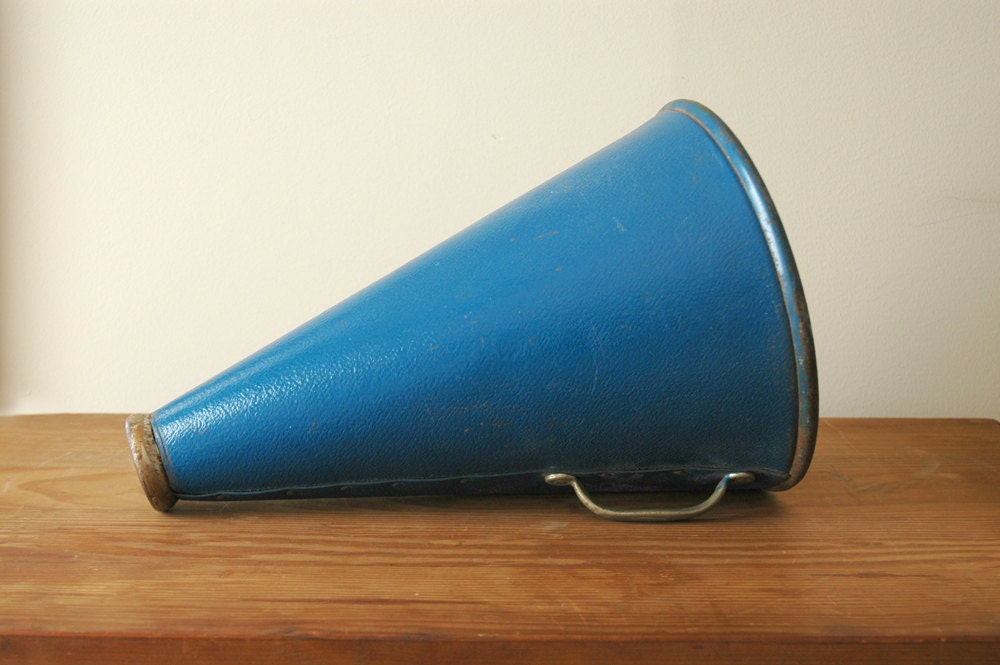 Vintage Blue Megaphone Bullhorn Riveted Cheerleader Athletic