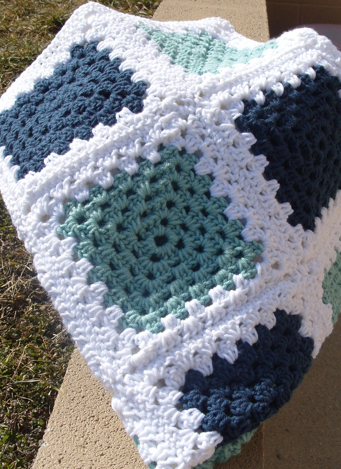 Crochet Afghan Blue Green and White Granny by klickin2kneedles