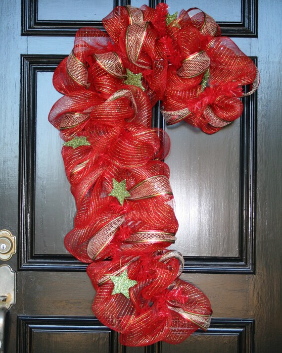 Items similar to Deco Poly Mesh Red Candy Cane Wreath with Sparkly ...