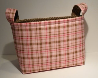 Fabric Srirage Basket Bin Organizer Storage Container-Pink/Brown Plaid with Brown and White Polka Dot Interior
