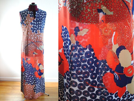 Vintage Maxi Dress with Psychedelic Orange and Blue Patterns