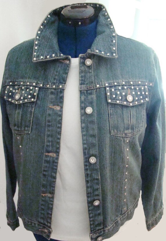 Items similar to Embellished Denim Jacket with Crystals Galore (Size L ...