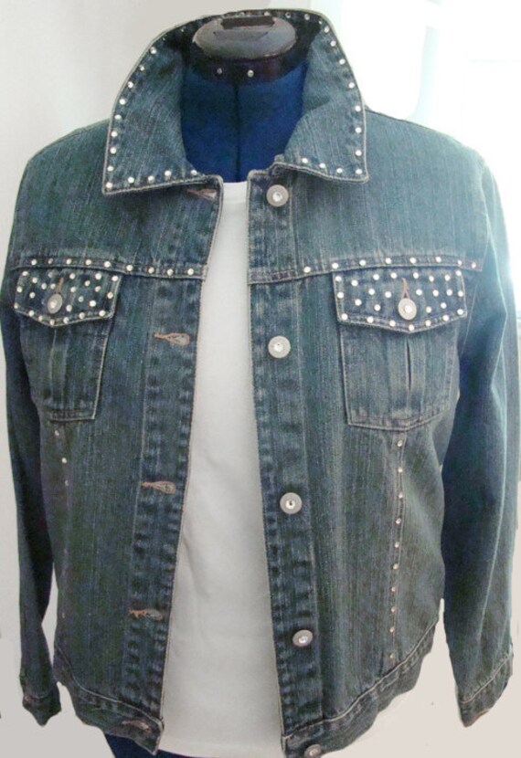 Items similar to Embellished Denim Jacket with Crystals Galore (Size L