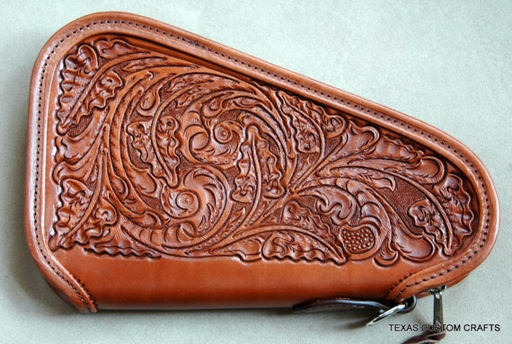 Leather Pistol Case with Hand Tooled Western by texascustomcrafts