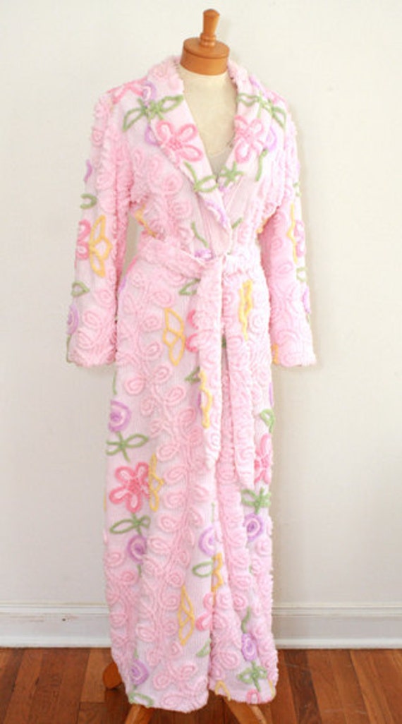 Vintage Neiman Marcus Pink Floral Chenille Bathrobe Small