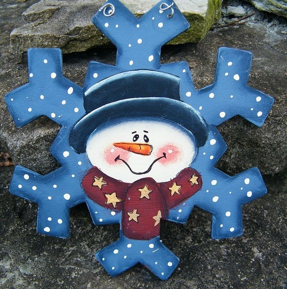 Items similar to Snowman Snowflake Ornament: Hand Painted Wooden ...