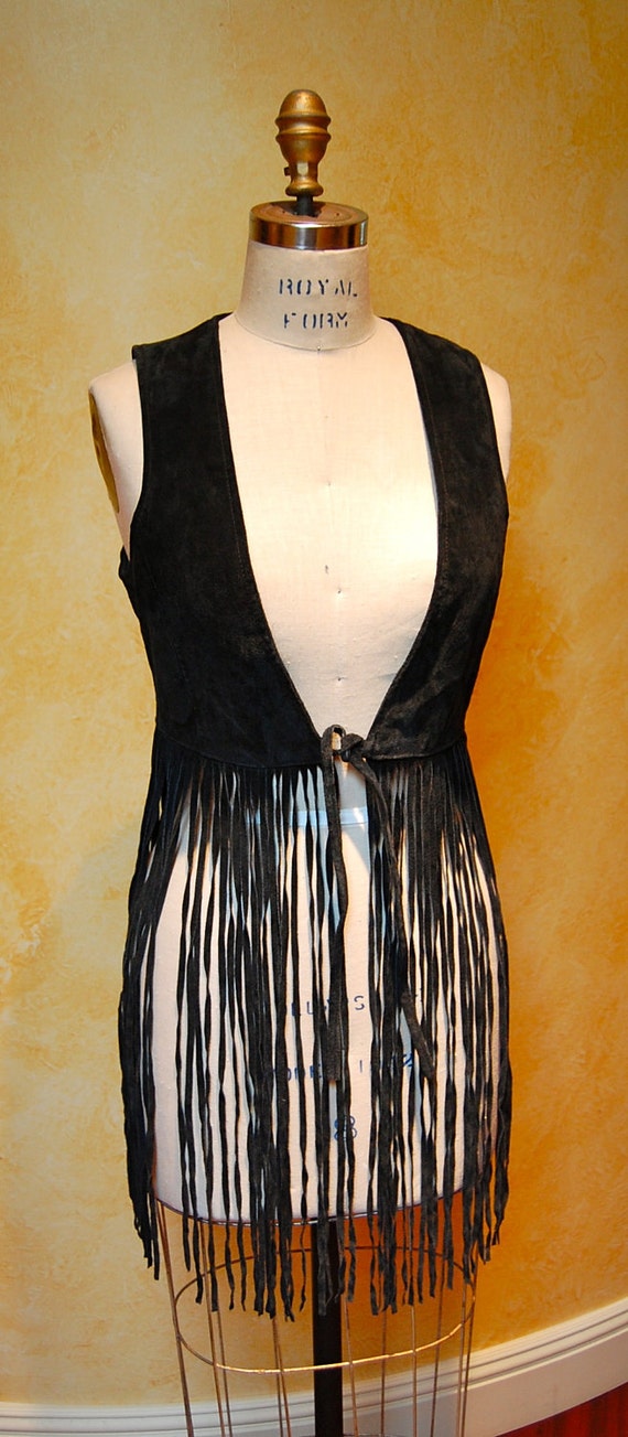 1970s Hippie Boho Long Fringe Black Suede Vest size