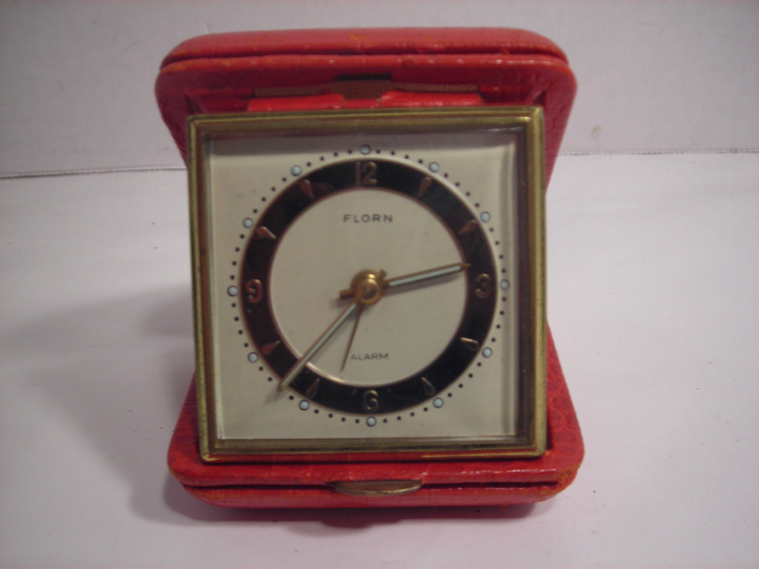 West German Florn Travel Alarm Clock in Red Leather Case with