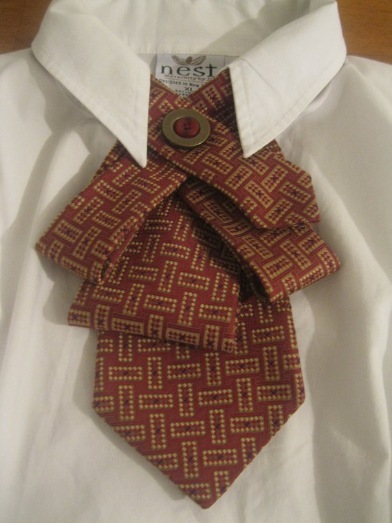 Upcycled tie necklace featuring a fun abstract tie in gorgeous shades of burgundy and gold..