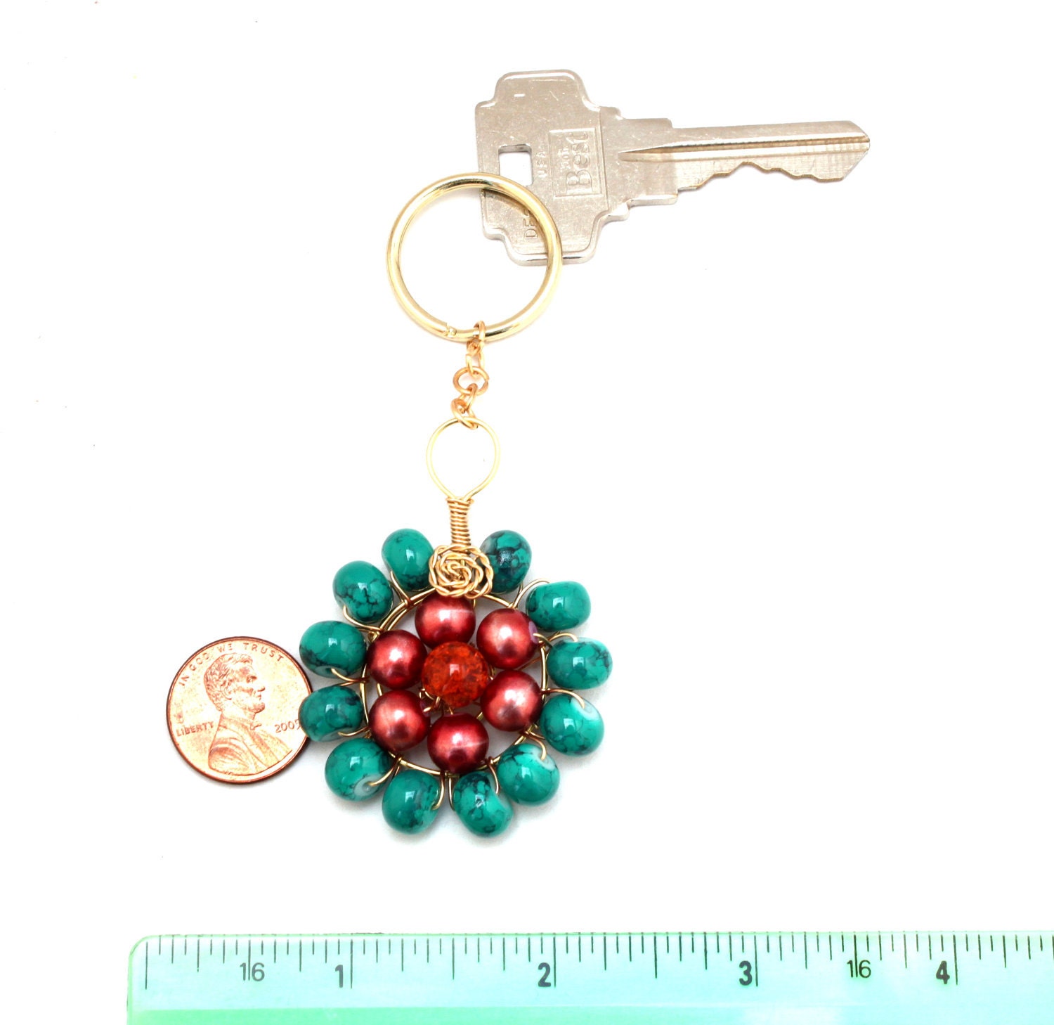 Beaded keychain gold toned wire wrapped with turquoise