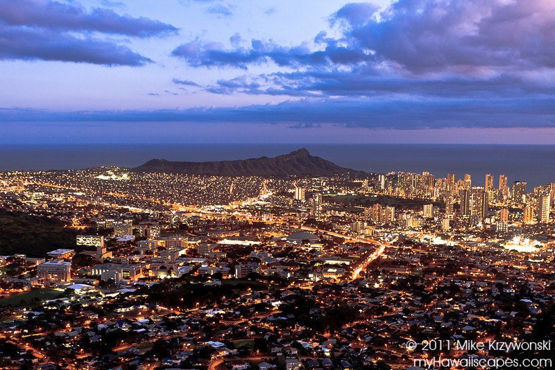 Downtown Honolulu City Lights at Night w/ Diamond Head Crater