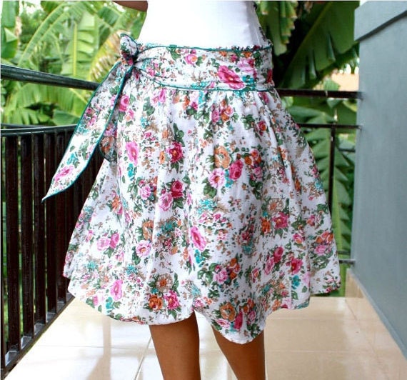 White Skirt in Pink and Green Flower Cotton and sash by LoNaDesign