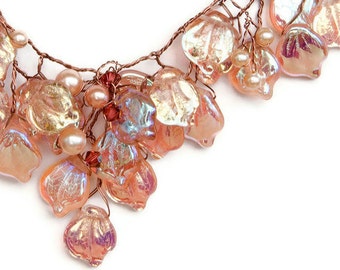 Peach Bib Necklace, Leaf Necklace, Bridal Necklace, Vintage Inspired Jewelry, Leaf Jewelry