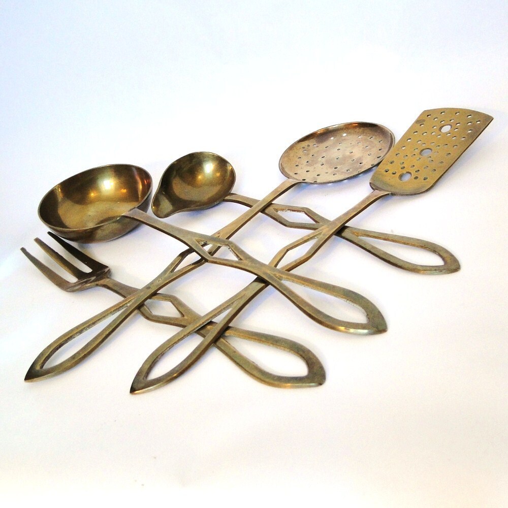 Vintage Brass Serving Utensils Cooks Dream Collection Aged Patina