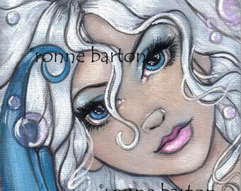 Silver and Sapphire Mermaid LE ACEo ATC art trading card Print Fairy Fantasy big eyed eyed pop art by Ronne Barton