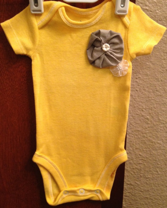 Unique Baby Girl Onesie in Yellow With Gray Handmade