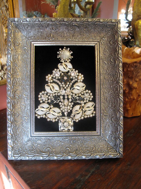 Vintage Rhinestone Costume Jewelry repurposed Framed