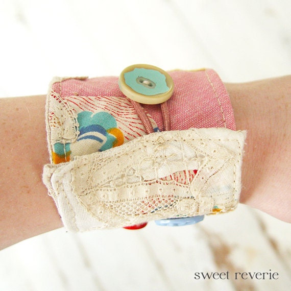 Vintage Fabric Wrist Cuff Textile Bracelet by asweetreverie
