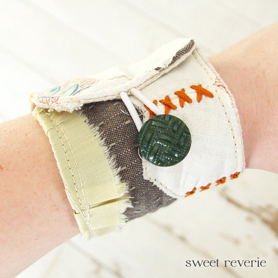 Items similar to Vintage Fabric Wrist Cuff Textile Bracelet Salvaged