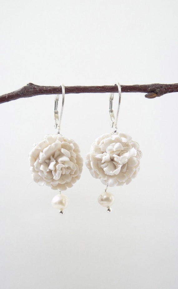 Items similar to Carnation Flower Earrings, White Flower Earrings