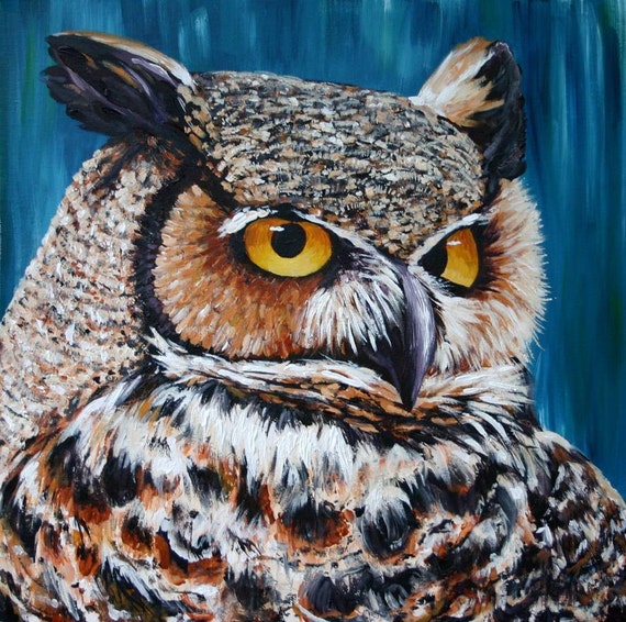 Owl Painting Original Large Wall Art 20x20 on Canvas