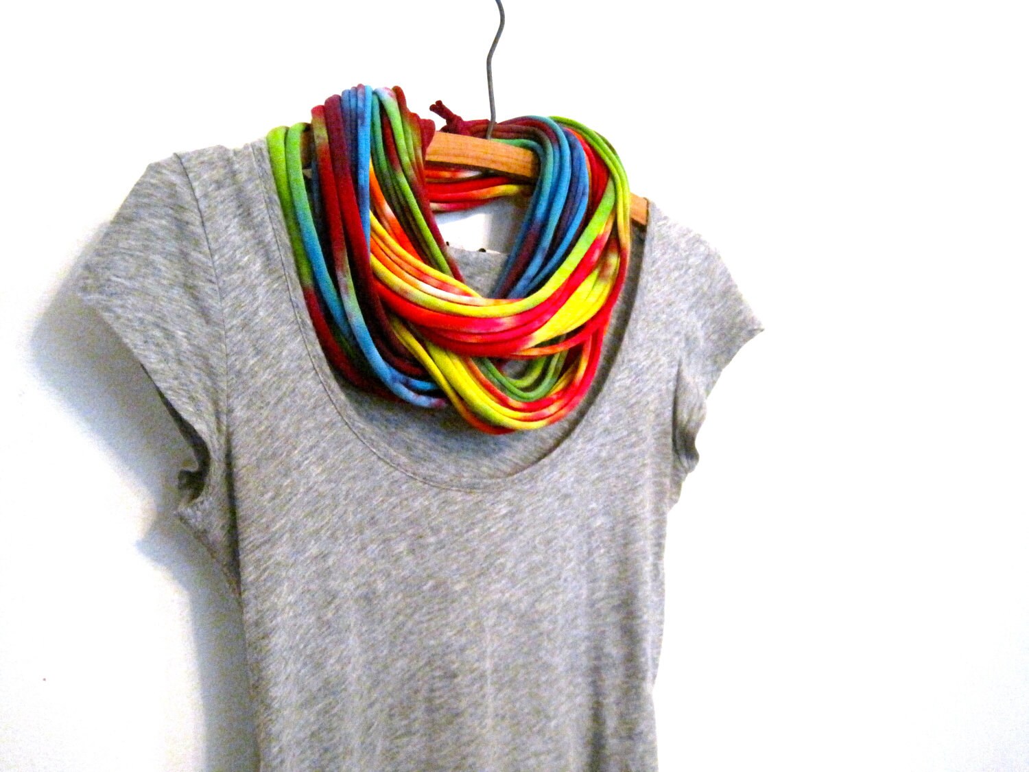 shredded jersey circle scarf. upcycled tshirt scarf. rainbow