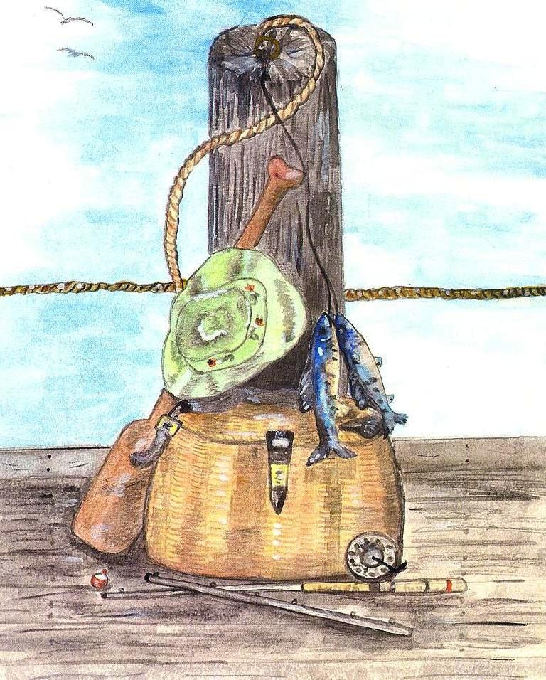 Fishing Watercolor Print Rod and Reel Painting Fish Home