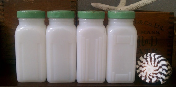 4 Vintage Milk Glass Spice Jars with Green Lid