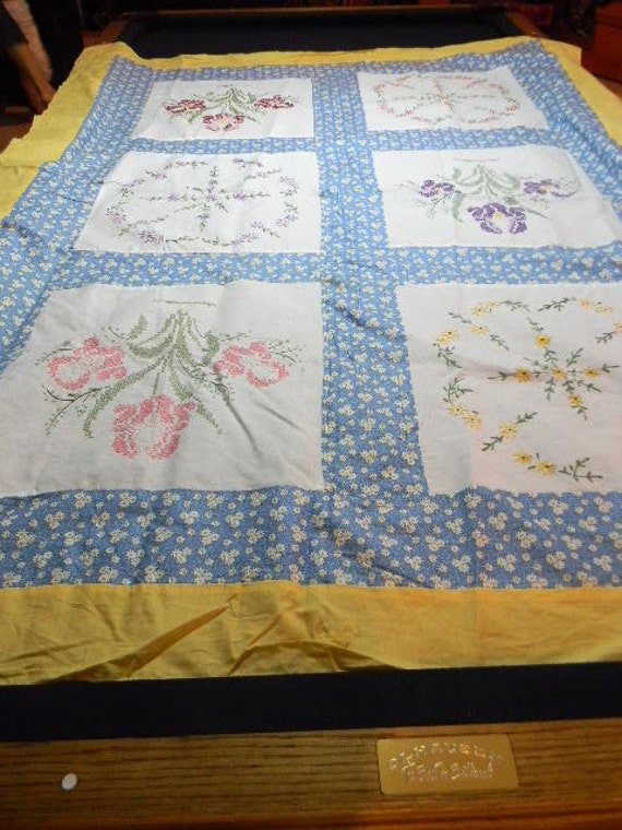 Floral embroidered quilt top by NookAndCrannyKC on Etsy