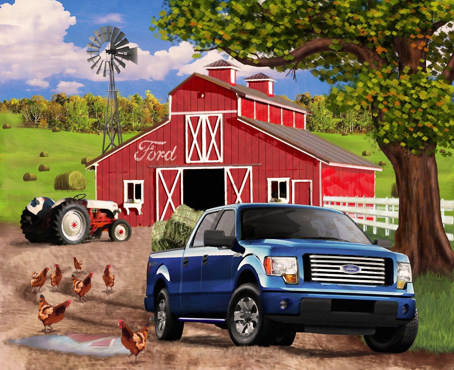 Ford Trucks F-150 Fabric Farm Panel Quilt Fabric by Print