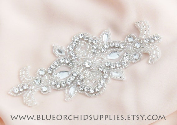 Crystal Beaded Applique, Rhinestone Applique - 1 Piece - Sashes Headbands Apparel Wedding Bridal DIY Silver Applique Dance