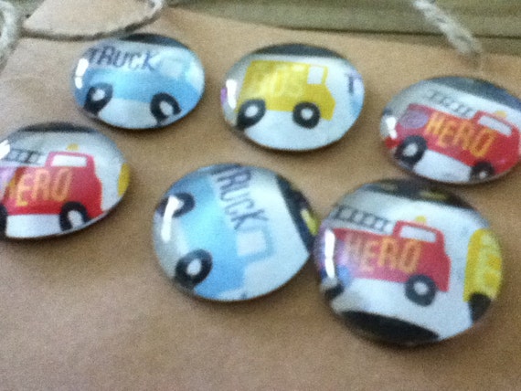 Buses, Trucks and Fire Engine Glass Magnets for party favors, jars, and stylish decor. Il_570xn