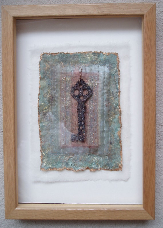 Items similar to VINTAGE KEY PICTURE. Framed textile wall art pale
