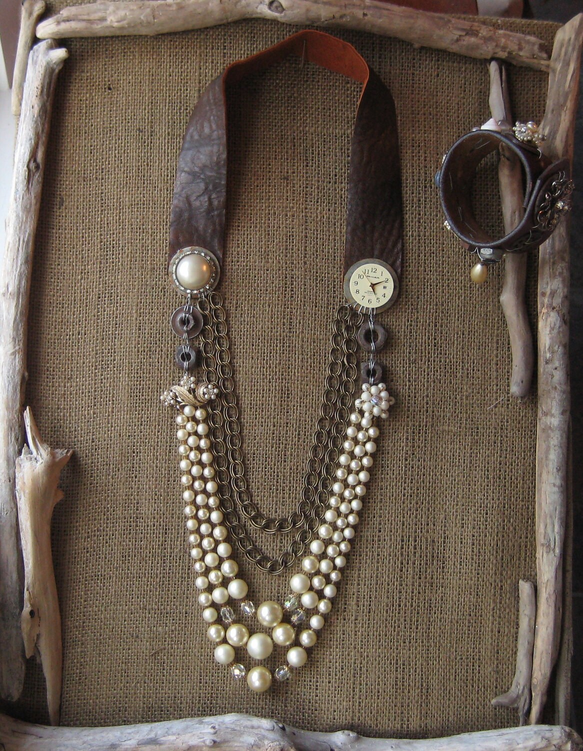 Upcycled Vintage Necklace Faux Pearls Steampunk Vintage