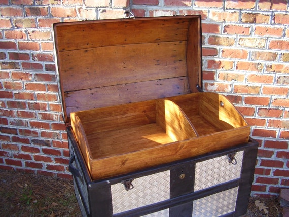 ANTIQUE STEAMER TRUNK Dome Top Embossed Metal over Wood