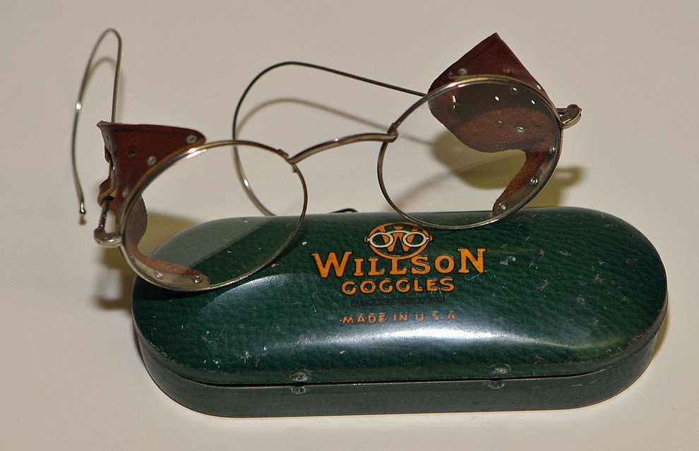 Antique Vintage WILLSON GOGGLES W LEATHER Metal Enamel Case