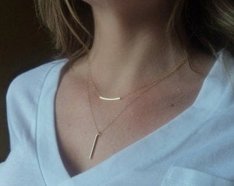 Gold Bar Layered Necklace, Gold Filled Rectangle Tube Minimalist Necklace, Minimal Bliss, Valentines Mothers Day
