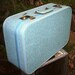 All My Bags are Packed - Vintage 1950s Mid Century Modern Retro Blue Tweed Vinyl JETSTAR Suitcase Satin Lining