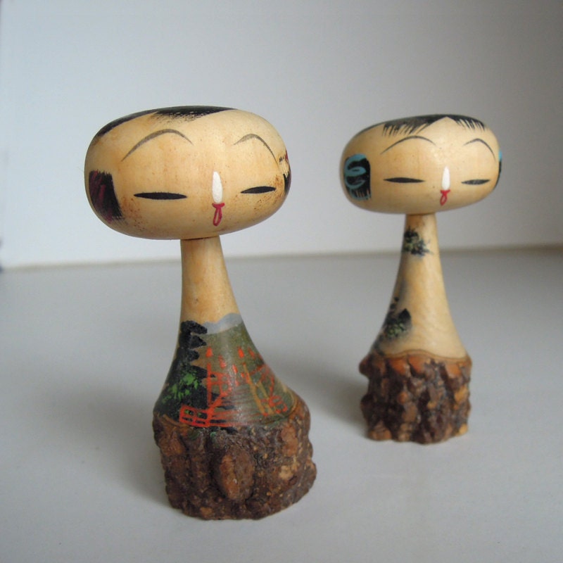 Vintage Kokeshi Japanese Wooden Dolls