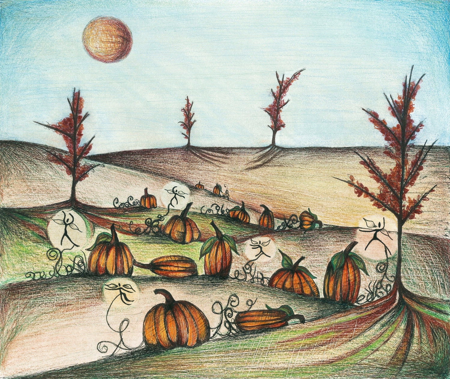 Pumpkin Patch Illustration Whimsical Fairies Drawing of